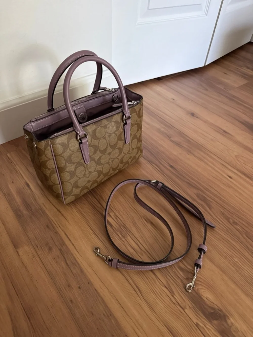 Coach mini Surrey carryall satchel in signature canvas monogram with lavender